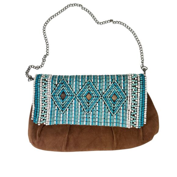 Chico's Turquoise Beaded Brown Metal Strap Purse Clutch Western - Picture 1 of 5